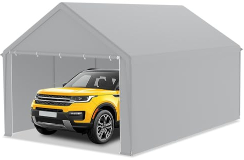 LZQ garagetält 4 x 6 m – carport tältgarage, lagertält och piltält med PE presenning – takförstärkning, avtagbara sidoväggar, golvram – robust skydd för bil, SUV, lastbil (grå)