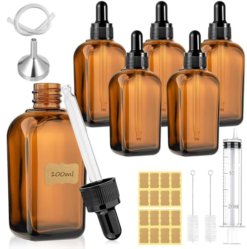 Maxumille 6 Stk Braunglas Pipettenflasche 100ml mit Spritze Trichter Bürste | Apothekerflasche mit Dropper Pipette Glas, Anti-UV Braunglasflasche, Tropfflasche für Ätherische Öl, Parfümöle, Aromatherapie