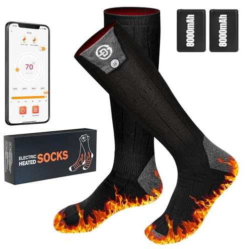 Calze Riscaldate a Batteria 8000mAh Calzini Riscaldanti Unisex con 4 Temperature Calze Riscaldanti Scaldapiedi Elettrico Con Controllo App Lavabili per Sci, Campeggio, Escursioni, Ciclismo (XL 43-48)