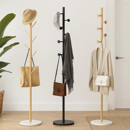Metal Coat Stand with 8 Hooks – Freestanding Garment & Clothes Rack with Umbrella Holder, Space-Saving Hallway & Bedroom Hanger Organizer (Gold (Style 2))