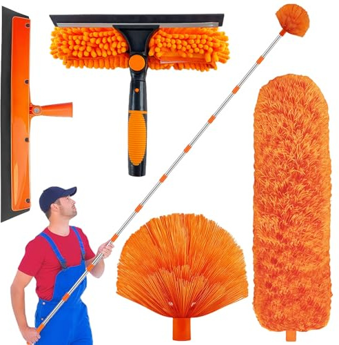 Plumero telescópico de 4 m, plumero largo extensible, plumero lavable, limpiador de polvo adecuado para limpiar techos, ventiladores de techo, huecos, telaraña, persianas, muebles
