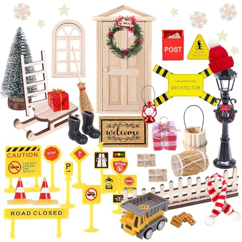 Wichteltür Set 50 Stück Wichtel Zubehör Weihnachten, Wichtel Baustelle Set Weihnachtswichtel Set Miniatur Wichtel Zubehör mit Miniatur Briefkästen Zäun Weihnachtsbaum Geschenk für Advent Weihnachten