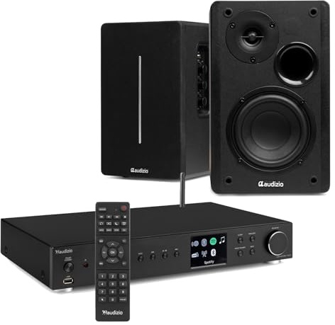 Audizio Adria Wireless Audio System with Internet DAB/FM Radio, Spotify Connect, Bluetooth & KS01B 120W Bookshelf Speakers, 6m RCA Cable – Complete Home & Office HiFi Solution, Black
