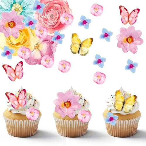 Fleurs comestibles Papillons pour gâteaux – Lot de 52 pièces pour décoration de gâteaux, parfait pour les anniversaires, mariages et gâteaux de filles – Décoration de fleurs comestibles colorées pour