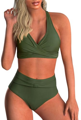 Adigaber Dam tvådelad baddräkt push-up tvådelad batikfärgad chic hög midja bikiniset V-ringad elegant, Militärgrön, XXL