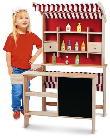 BAYAGU Market in Legno per Bambini con Banco Vendita e Accessori Alimentari, Lavagna con Gesso e Tenda Negozio Gioco di Ruolo Educativo Stabile Sicuro Struttura Robusta 84x64x117 cm Regalo Bambini 3