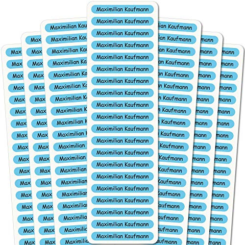 Indigos UG Namensaufkleber Kinder Schule - 51x7 mm - 140 Sticker Kindergarten - Stifte, Federmappe, Lineale - hellblau - Aufkleber selbst gestalten - Beschriftung Schulsachen mit Name & Wunschtext