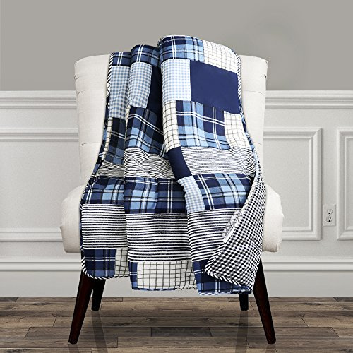 Lush Decor Greenville Cotton Throw Blanket 50 W x 60 L Navy - Cotton Blanket for Bed -Patchwork Quilt - Farmhouse Couch Blankets - Rustic Home Decor