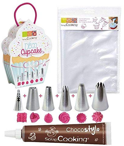 6 boquillas y 6 mangas pasteleras desechables para magdalenas + Tubo de chocolate para decorar