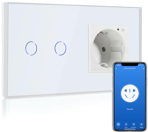 BSEED Smart Alexa Lichtschalter,WIFI Lichtschalter mit Steckdose Kompatibel mit Alexa,Google Home,Glas Touchscreen-schalter,2 Fach 1 Weg Weiß(Neutrale Leitung benötigt)
