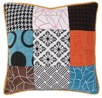 HOME DECO FACTORY - HD6499 Coussin Patchwork Déhoussable Multicolore - Conçu pour Canapé - Décoration Textile - 40 x 40 cm - Couleurs Blanc Noir Orange Turquoise Marron