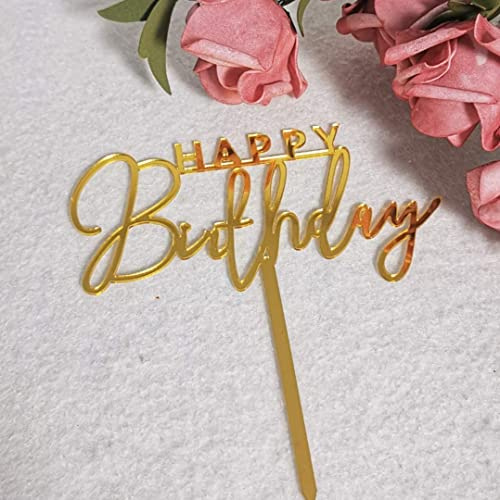 Happy Birthday Cake Toppers Elegant Script Calligraphy Decoration UK Acrylic GOLD BLACK WHITE (GOLD)