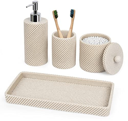 Set di accessori da bagno, 4 pezzi, dispenser per sapone e lozione, portaspazzolino, dispenser porta Qtip, vassoio per la decorazione del piano di lavoro del bagno, organizer per cosmetici, beige
