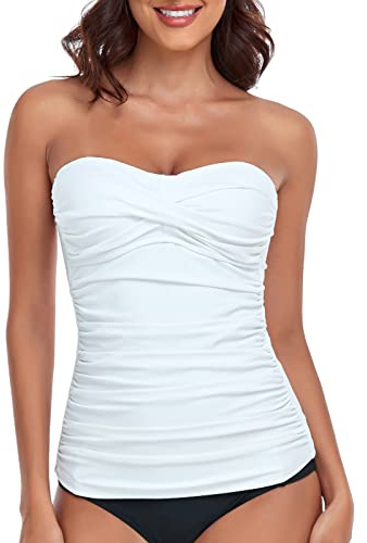 RELLECIGA Women's White Ruched Bandeau Tankini Top Swimsuits Size Large