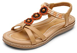 DREAM PAIRS Sandalias Planas Bohemias Mujer Verano Zapatos de Playa Casual Comodos con Pedrería Diseño de Tiras,Size 40,Desnudo,SDFS2335W-E
