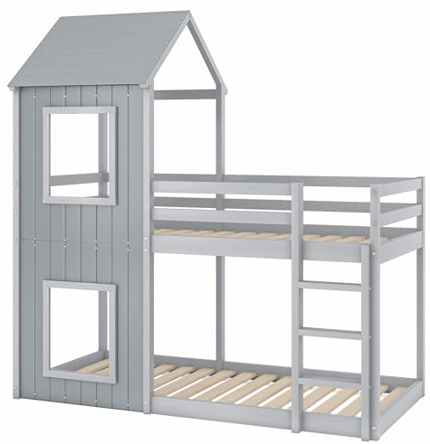 Azkoeesy Litera Infantil para 2 niños, 90 x 200 cm, Cama Infantil en Forma de casa, con Dosel y Ventana, con láminas, Material: Pino, Gris -3071489HAA-1