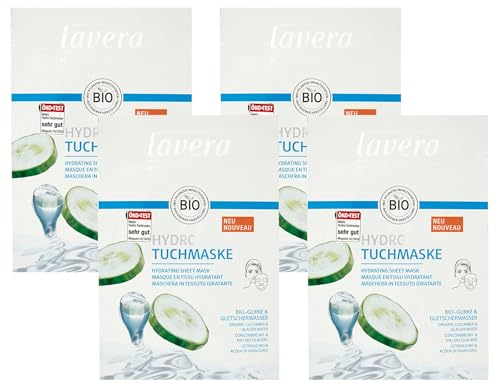 lavera Hydro Tuchmaske - Gesichtsmaske mit Bio-Gurke & Gletscherwasser - spendet intensive Feuchtigkeit - erfrischtes Hautgefühl - Naturkosmetik - vegan - Bio (1 Stück) (Packung mit 4)