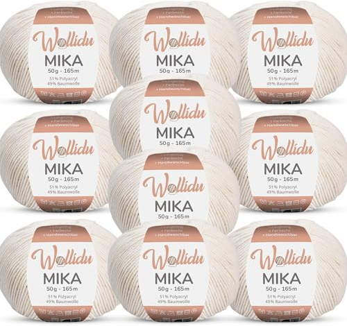 Wollidu Mika 51% Polyacryl 49% Baumwolle zum Häkeln und Stricken 10x 50g/165m Oeko-Tex Strickgarn Häkelgarn - Beige