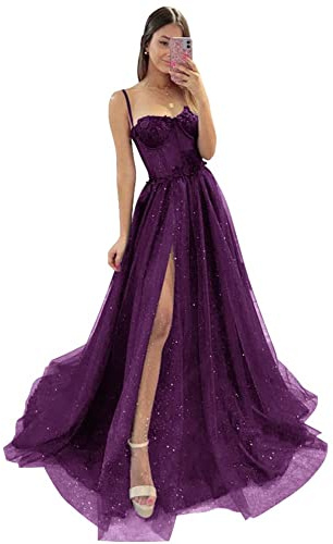 Genérico Vestidos de Fiesta de Tul con Purpurina para Mujer Tirantes Finos Apliques de Encaje Vestidos de Noche Formales Vestido de Fiesta corazón de Novia con Abertura Alta Plum M