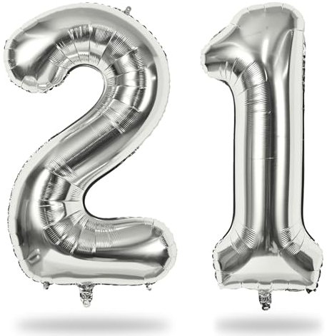 21 Balloons Number, Giant Silver Number 2 & 1 Helium Foil Balloon for Women 21st Birthday Decor, 40 Inch Self Inflating Mylar Number 21 Balloons for Man Anniversary Party Decorations Supplies