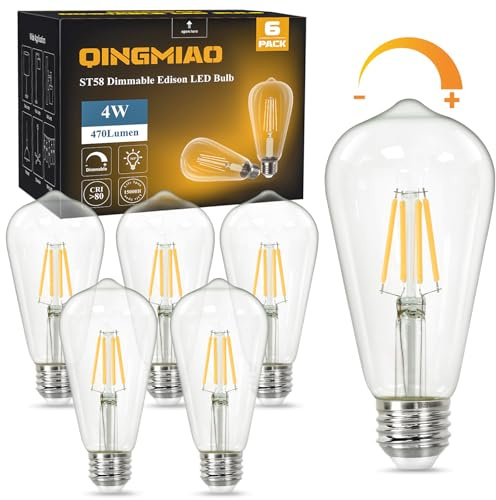 Qingmiao Vintage LED Edison Bulbs, ST58 Dimmable 4W E26 LED Bulb 40W Equivalent, 3000K Soft White Led Light Bulbs, Antique LED Filament Bulbs, CRI 80+, Flicker Free, No Glare, Clear Glass, Pack of 6