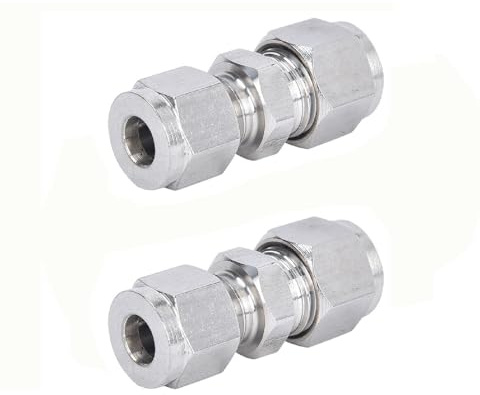 Compression Straight Connectors, 2 Pcs 8mm Stainless Steel Double Ferrule Pipe Fitting Adapter, Compression Tube Union Connector for Plumbing, Air Compressors