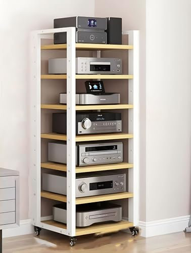 Hifi Rack Hifi Regal 55 Zoll/ 140 cm hoher Audio-Rack-Montageschrank aus Stahl und Massivholz, AV-Medienständer mit höhenverstellbaren Regalen, Audio-Rack-Tower, perfekt für/Xbox/PS5/Switch/Spielekons