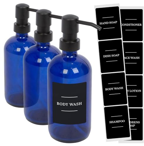 Harbour Housewares Glass Soap Dispensers with Labels Pack of 3-500ml Blue Refillable Bottles with Pumps and Black Labels - Bathroom and Kitchen Accessories for Hand Wash, Lotion or Sanitiser