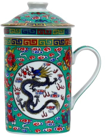 Keramisk tekopp temugg med lock och sil för te i bulk, asiatisk design (grön drake, 494) japansk kinesisk mugg för teälskare, asiatisk gåva, havre
