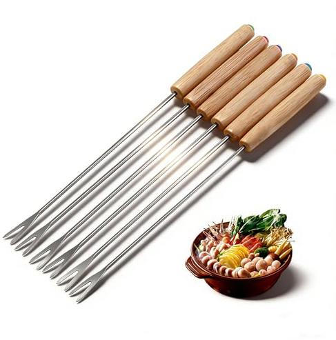 Fondue Gabeln Set, 6-teilig Edelstahl Spieße mit Holzgriff für Käsefondue und Schokoladenfondue, Ideal für Picknick Camping Party Geschenk
