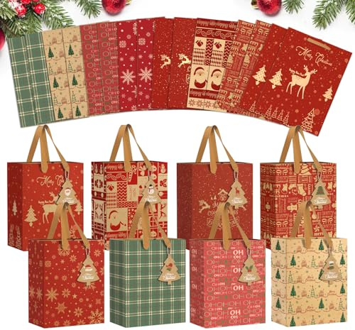 Agoer 24 Stück Geschenktüten Weihnachten, 23x17.5x9CM Natur Kraftpapier Weihnachtsgeschenktüten, Weihnachtstüten mit Henkel und Hängeetiketten Wiederverwendbar für Weihnachtsfeier