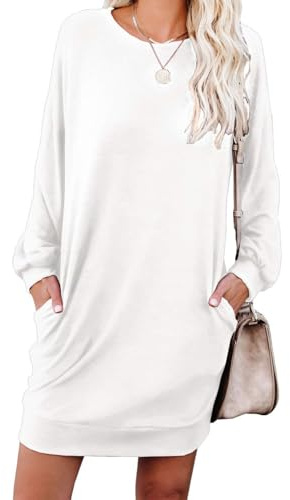 PrinStory - Vestido de punto con suéter de manga larga para mujer. Mini vestidos de invierno casuales sueltos. Vestido básico con bolsillos laterales, L