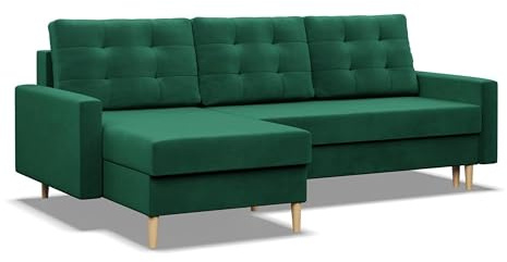 Mebligo - Ecksofa mit Schlaffunktion und Bettkasten BLANK, 223x88x140 cm, Universelles Eckcouch, Rechte oder Linke Seite Couch, Wohnzimmer Schlafsofa. L Couch mit Schlaffunktion - Flaschengrün
