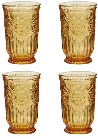Tumbler Glasses Set of 4 Vintage Style Drinking Glasses with Embossed Mandala Design Turquoise, Purple Blue & Amber Highball Glasses with Footed Bases Drinking Glass Set (Amber)