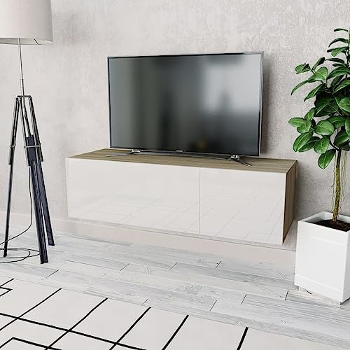 Somanki TV-Schrank Holzwerkstoff 120x40x34 cm Hochglanz-Weiß und Eiche, TV Lowboard, Fernsehschrank, Fernsehtisch, Fernseher Schrank, TV Sideboard, TV Board, TV Cabinet, TV Bank, TV Kommode