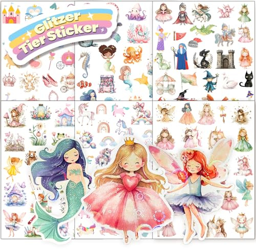 Hongma Märchen Glitzer Sticker mit Glitzereffekt 6pcs Über 150 Motiv | Glitzersticker Feen Aufkleber Holografische für Kinder Mädchen Scrapbooking Fotoalbum Geschenke (Nicht Reflektierend)