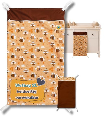 Lumina Wetbag XL, auslaufsicher & geruchsdicht, selbstentleerend 42x76cm | Nassbeutel für Stoffwindeln, Kindergarten & Schwimmsachen – Windel-/Nasstasche mit 2 Reißverschlüssen, waschbar, Honey Bees