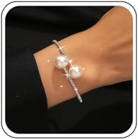 TseenYi Pearl Armband Armband Guld Tennis Armband Vit Pärla Justerbar Armband CZ Rhinestone Crystal Tennis Bangle Glänsande Bröllop Handkedja Smycken, Zink, Ingen ädelsten