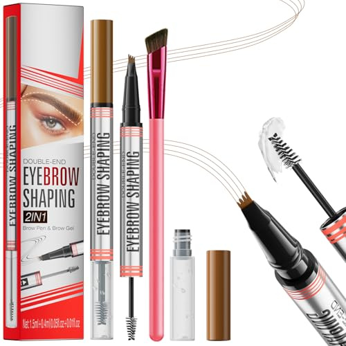 Microblading Augenbrauenstift wasserfest Mit 4 Gabelspitzen & quadratischer Augenbrauenbürste & klarem Brauengel für natürliche Härchenzeichnung (Hellbraun) – Ideal für zu Hause & Make-up-Profis