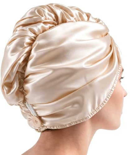 Lkw Ogechi Toalla de Pelo Mujer Saten, 70x25cm Toallas de Turbante Microfibra, Toalla Pelo para el Secar Cabello Absorbente Secado Rapido y Botón, para Cabello Largo Corto Rizado y Mojado, Champaña