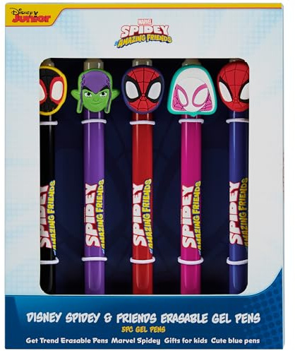 Get Trend Marvel Spidey Set med pennor, 5 st raderbara gelpennor för skolmaterial, brevpapper, set med kulspetspennor med blått bläck, gåvor för pojkar (Spidey)