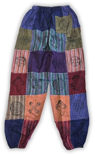 Ancient Wisdom Mushroom Patchwork Pants – FAIR Trade Boho Trousers for Women & Men – Handmade Cotton Blend Hippy Yoga Pants from Nepal (UK, Alpha, XL, Regular, Regular, Purple)