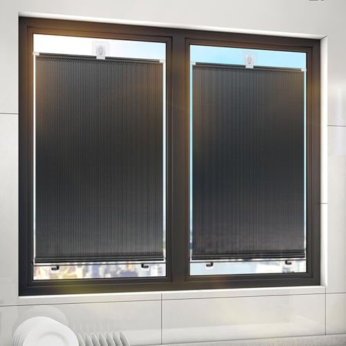 Paquete de 2 Persiana Enrollable con Ventosa, Estor Enrollable Opaca Sin Taladrar, Cortinas Blackout Protección UV 80%, Estor Opaco Retráctiles, Persianas Temporales Portátiles Sin Taladrar