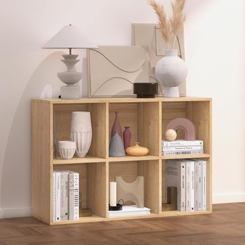 NewBeth Regal mit 6 Fächern, Holz Bücherregal, Würfelregal, Standregal | für Wohnzimmer, Schlafzimmer, Büro, Kinderzimmer (Eichefarben, 6 Fächern（30T x 91,5B x 61,5H cm）)