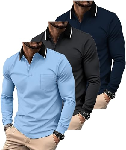 SwissWell 3er Pack Poloshirt Herren Langarm mit Brusttasche Golf Polo T-Shirt Atmungsaktives Leichtes Polohemd für Business Casual