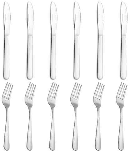 Pleafind 12 Piece Knife and Fork Sets, Stainless Steel Knives and Forks Set, Dinner Forks Set of 6 & Steak Knives Set of 6, Mirror Polishing Cutlery Set for Home/Kitchen/Restaurant, Dishwasher Safe