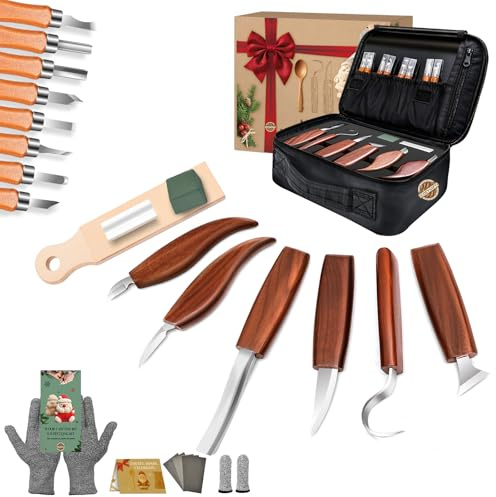 COZYGIFT 30-Piece Wood Carving Tools Set for Beginners & Adults - Complete Whittling Knife Kit with Walnut Handles, 8 Detail Gouges, Gloves, Strop & Case - Ideal DIY Woodworking Gift for Men Dad