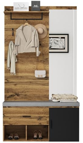 FQJVTDR Ensemble Vestiaire D'EntréE 190 cm Hauteur - Style Bois avec Miroir, Banc Chaussures(104X39cm) Rembourré,Armoire à Chaussures,Tiroir,éTagèRe Et PatèRes-Design Pratique pour EntréE
