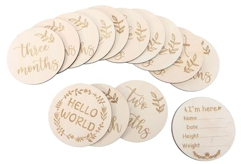 Holz Monatskarten 15 Stück Runde Babykarten für Fotos | Beige, Gravierte Holzoptik mit Natürlicher Maserung, Kreative Gestaltung für Babygeburt und Erinnerungssammlungen