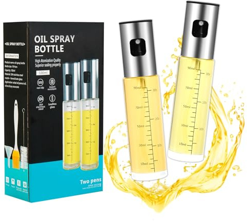 Deelyious Ölsprüher, Ölsprüher für speiseöl & Olivenöl, 2 Stück UV-Schutz Ölsprüher Glas, Küche & ölsprüher für heißluftfritteuse mit Reinigungsbürste & Trichter, Ölspray für Essig 100% BPA frei
